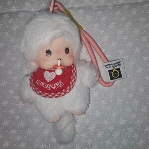 Monchhichi White Plush Doll with Red Bib
